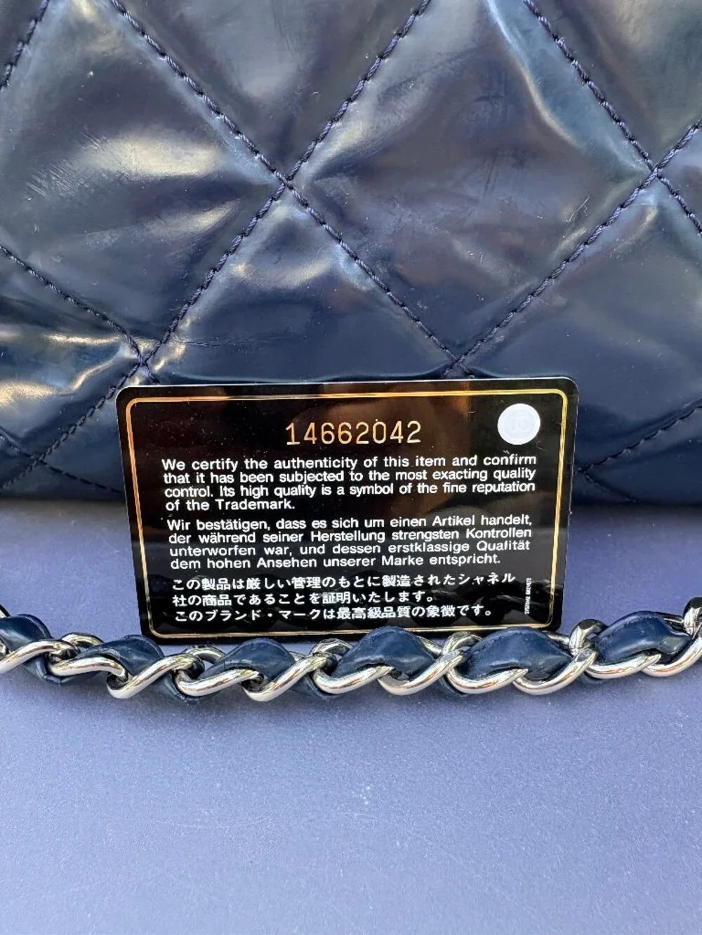 CHANEL Navy Blue Quilted Patent Leather Tote Bag Silver Chain Shoulder Bag - Picture 8 of 16